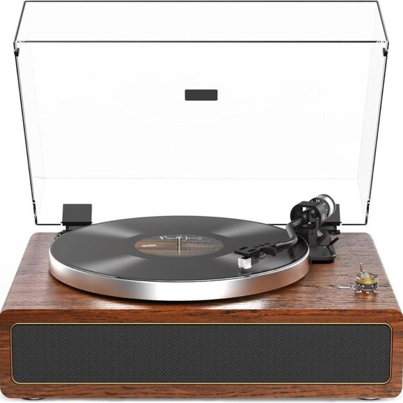 Turntable Record Player with Built-in Speakers, Brown. - Picture 1 of 3
